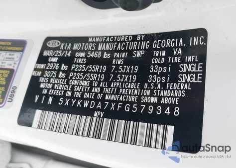 2015 Kia Sorento Limited V6 from USA, damaged, VIN 5XYKWDA7XFG579348